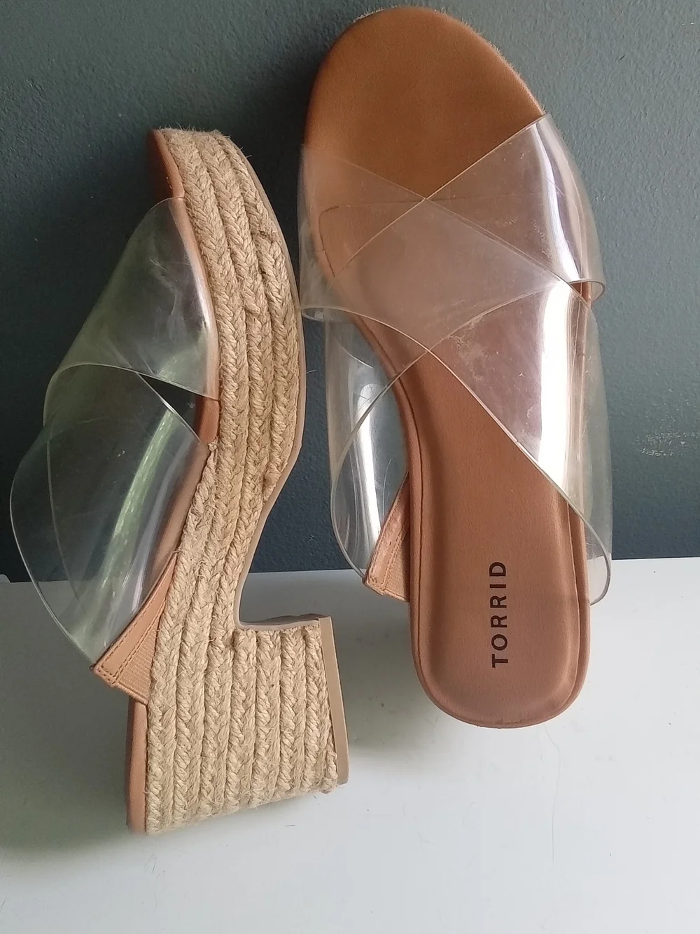 Torrid Clear PVC Crisscross Espadrille Platform Block Heel Sandal Tan Wide Width